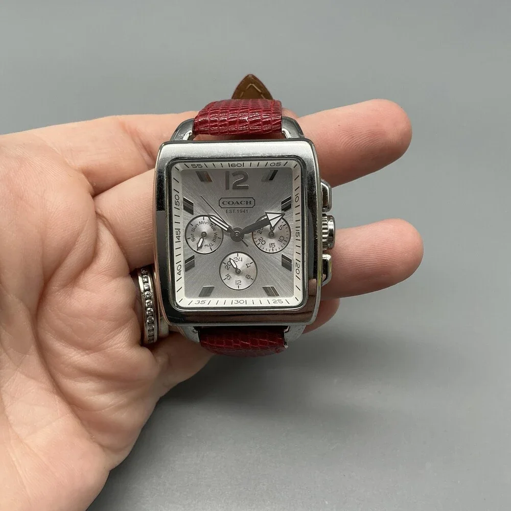 Coach Boyfriend Square Womens Watch 32mm Silver Dial Red Leather New Battery